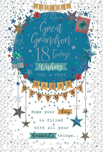 For You Great Grandson 18 Today Happy Birthday 18th Teenager Stars Silver Foil Greeting Card