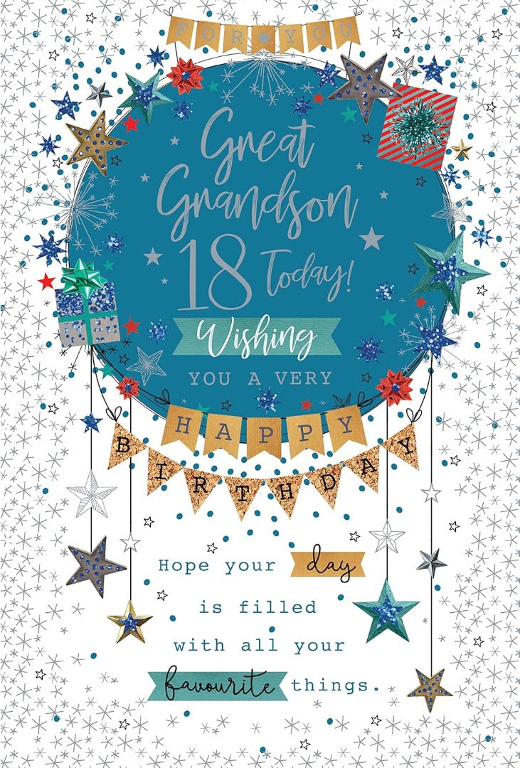 For You Great Grandson 18 Today Happy Birthday 18th Teenager Stars Silver Foil Greeting Card