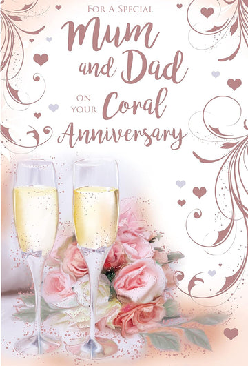 For A Special Mum and Dad on Your Coral Anniversary 35th Champagne Rose Gold Foil Art Greeting Card