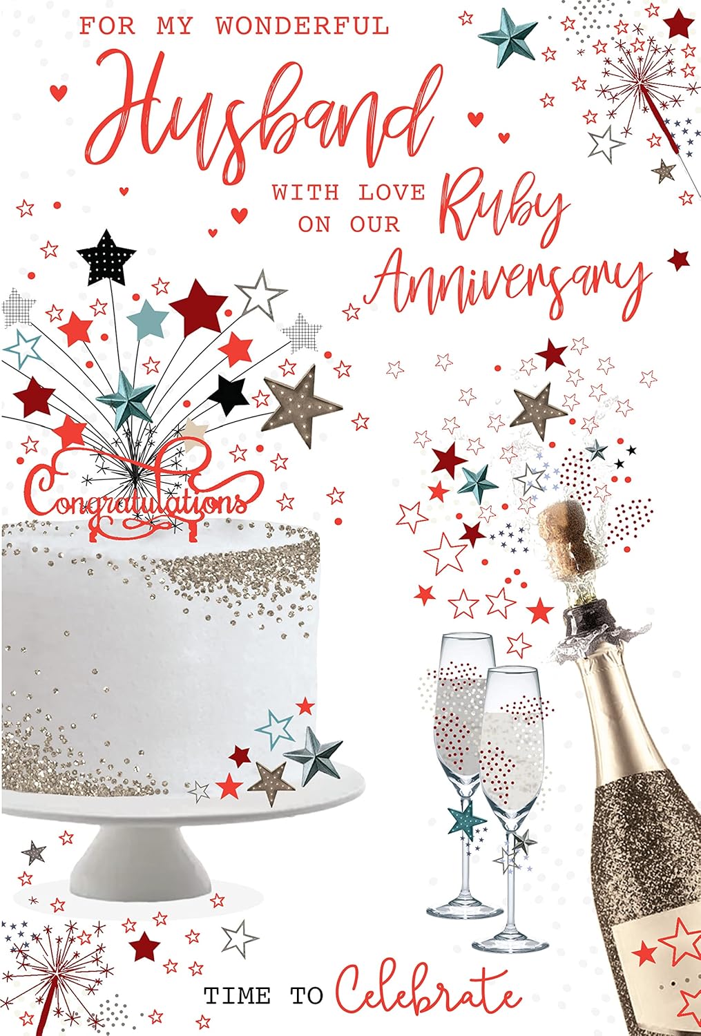 My Wonderful Husband With Love On Our Ruby Anniversary 40th Cake Champagne Red Foil Art Greeting Card