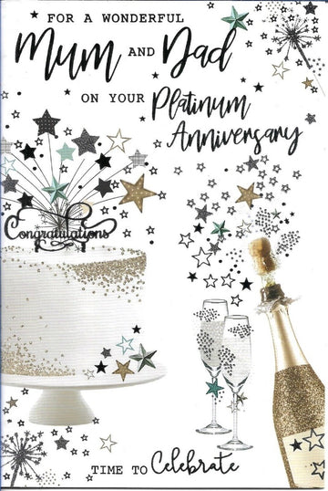 Wonderful Mum and Dad on Your Platinum Anniversary 70th Cake Champagne Silver Foil Art Greeting Card
