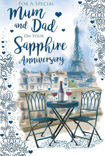 For A Special Mum and Dad on Your Sapphire Anniversary 45th Red Wine Paris Eiffel Tower Blue Foil Art Greeting Card