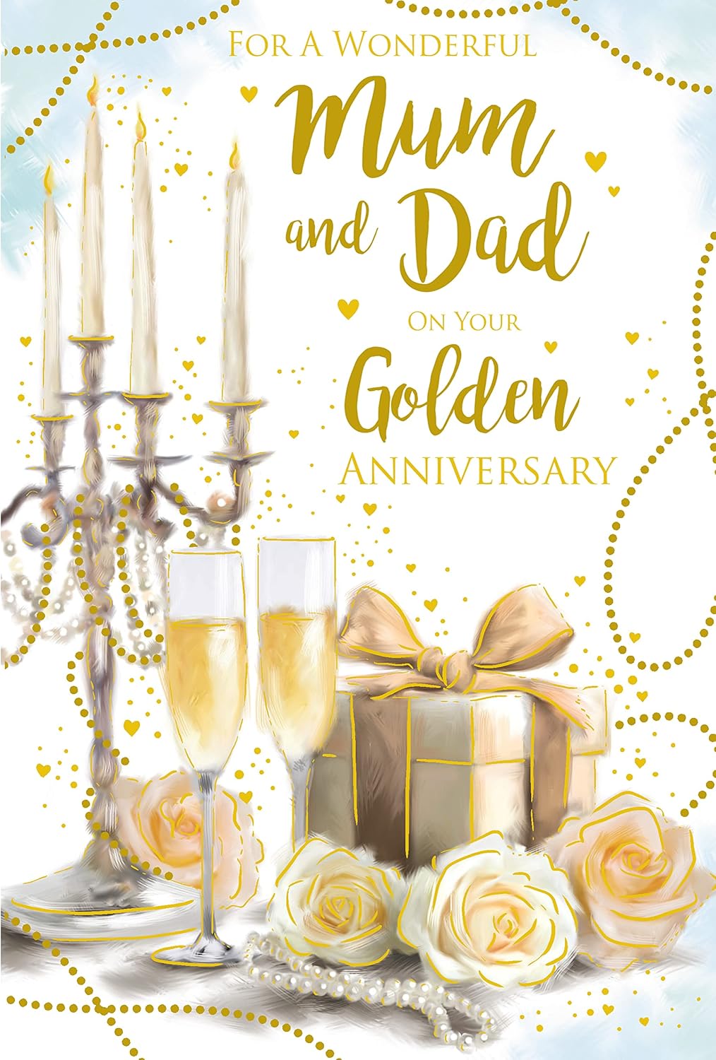 For A Special Mum and Dad on Your Golden Anniversary 50th Candlelight Champagne Roses Gift Gold Foil Art Greeting Card