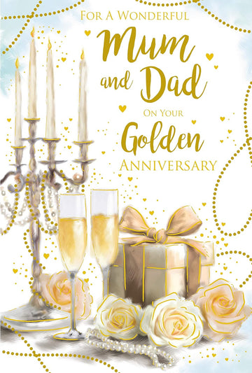 For A Special Mum and Dad on Your Golden Anniversary 50th Candlelight Champagne Roses Gift Gold Foil Art Greeting Card