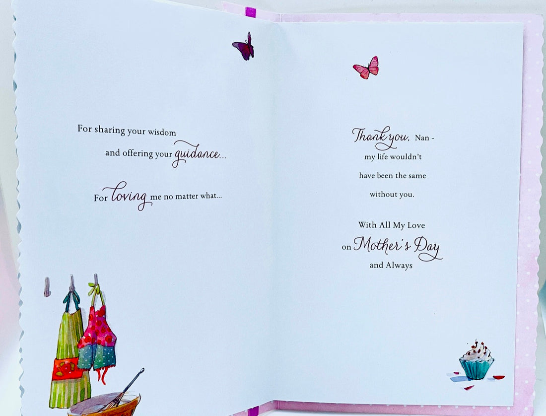 With Love Nan on Mothers Day Greeting Card Baking Treats with Luxury Glitter Finish By UKG