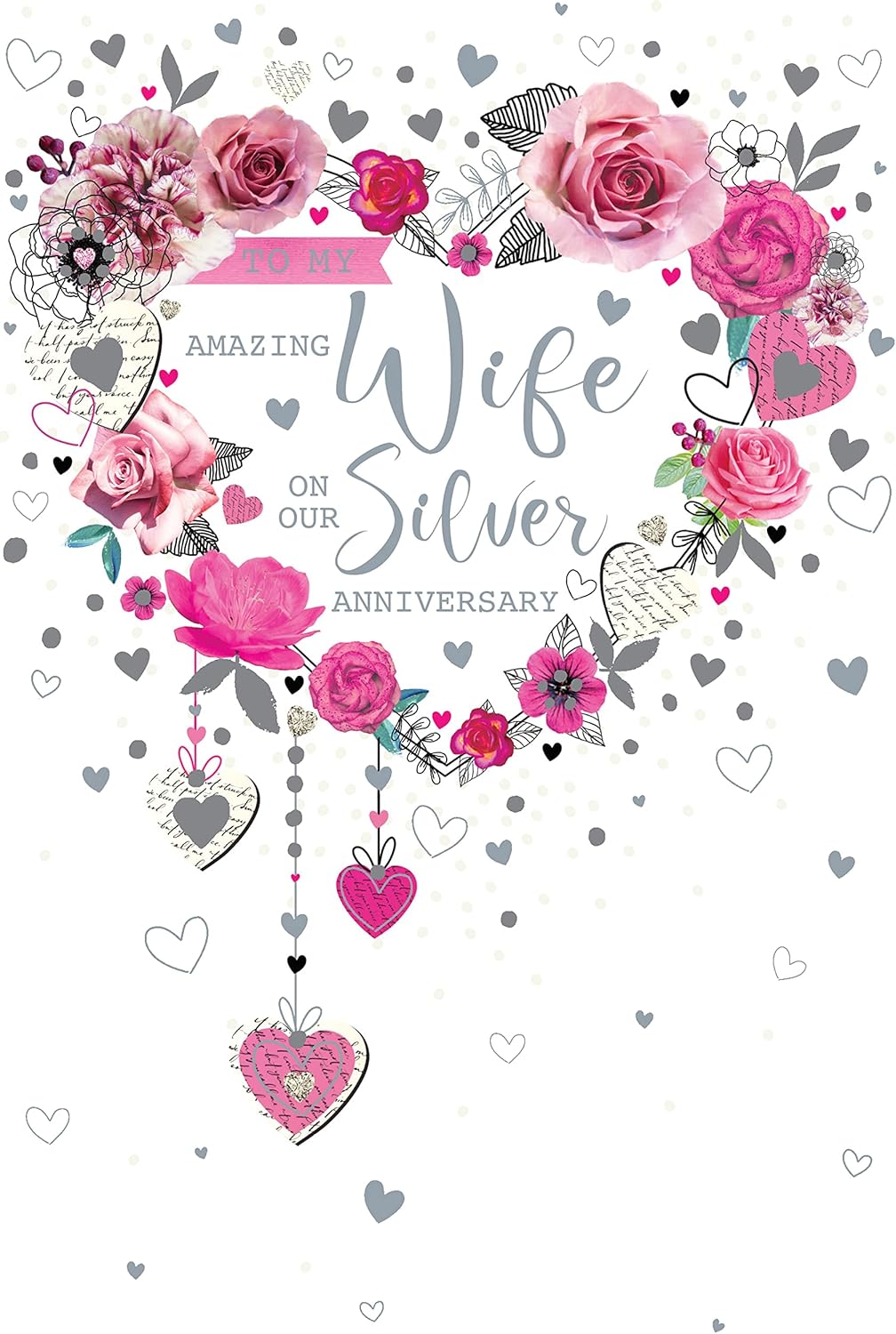 To My Amazing Wife on Our Silver Anniversary 25th Love Heart Roses Foil Art Greeting Card