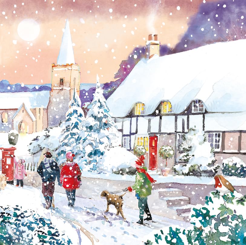 Family Stroll in Snowy Village Art Charity Christmas & New Year Cards 6 Pack Eco