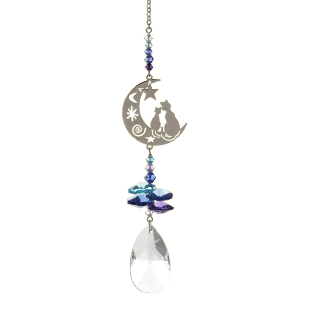 Crystal Fantasy Hanging Swarovski Suncatcher Two Cats on a Crescent Moon