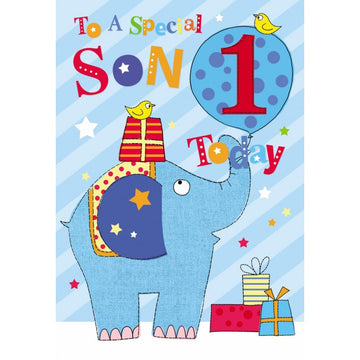 1st Birthday To A Special Son 1 Today Elephant & Presents Design Happy Birthday Card