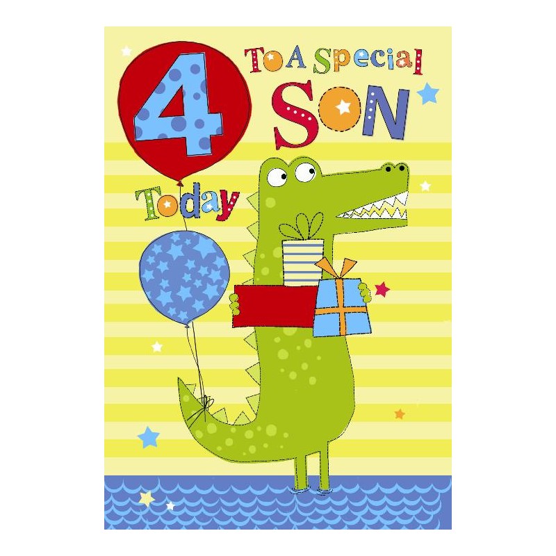 4th Birthday To A Special Son 4 Today Crocodile & Presents Design Happy Birthday Card